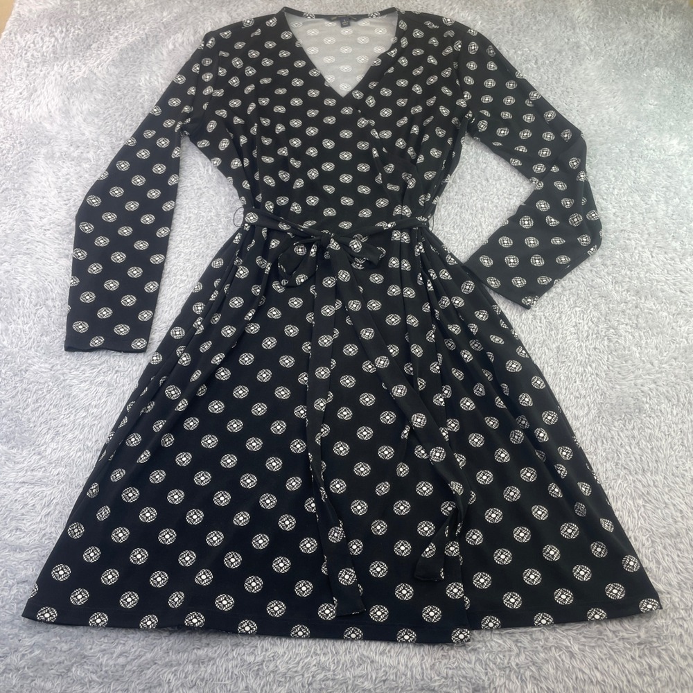 Brooks Brothers 346 Faux Wrap Dress Womens L Black White Medallion Long Sleeve